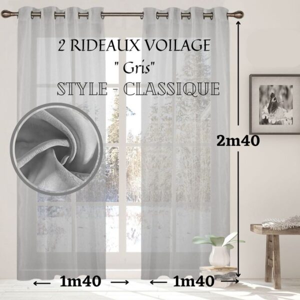 2 Rideaux voilage classique 140/240 Gris