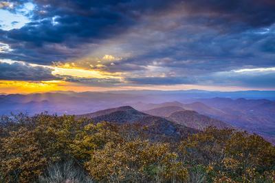 Blue Ridge Mountains in North Georgia, USA in the Autumn Season at Sunset. - Photographic Print, 18x12