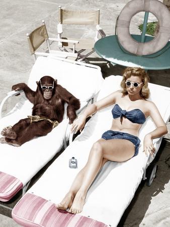Chimpanzee and a Woman Sunbathing - Photo, 12x16