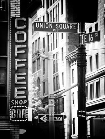Coffee Shop Bar Sign, Union Square, Manhattan, New York, US, Old Black and White Photography - Photographic Print, 12x16