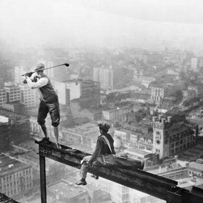 Golfer Teeing off on Girder High above City - Photographic Print, 16x16