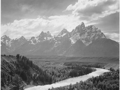 View From River Valley Towards Snow Covered Mts River In Fgnd, Grand Teton NP Wyoming 1933-1942 - Wall Art Print, 16x12