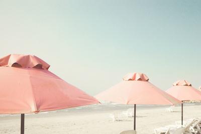 Vintage Summer Beach with Pink Pastel Parasols - Photographic Print, 12x8